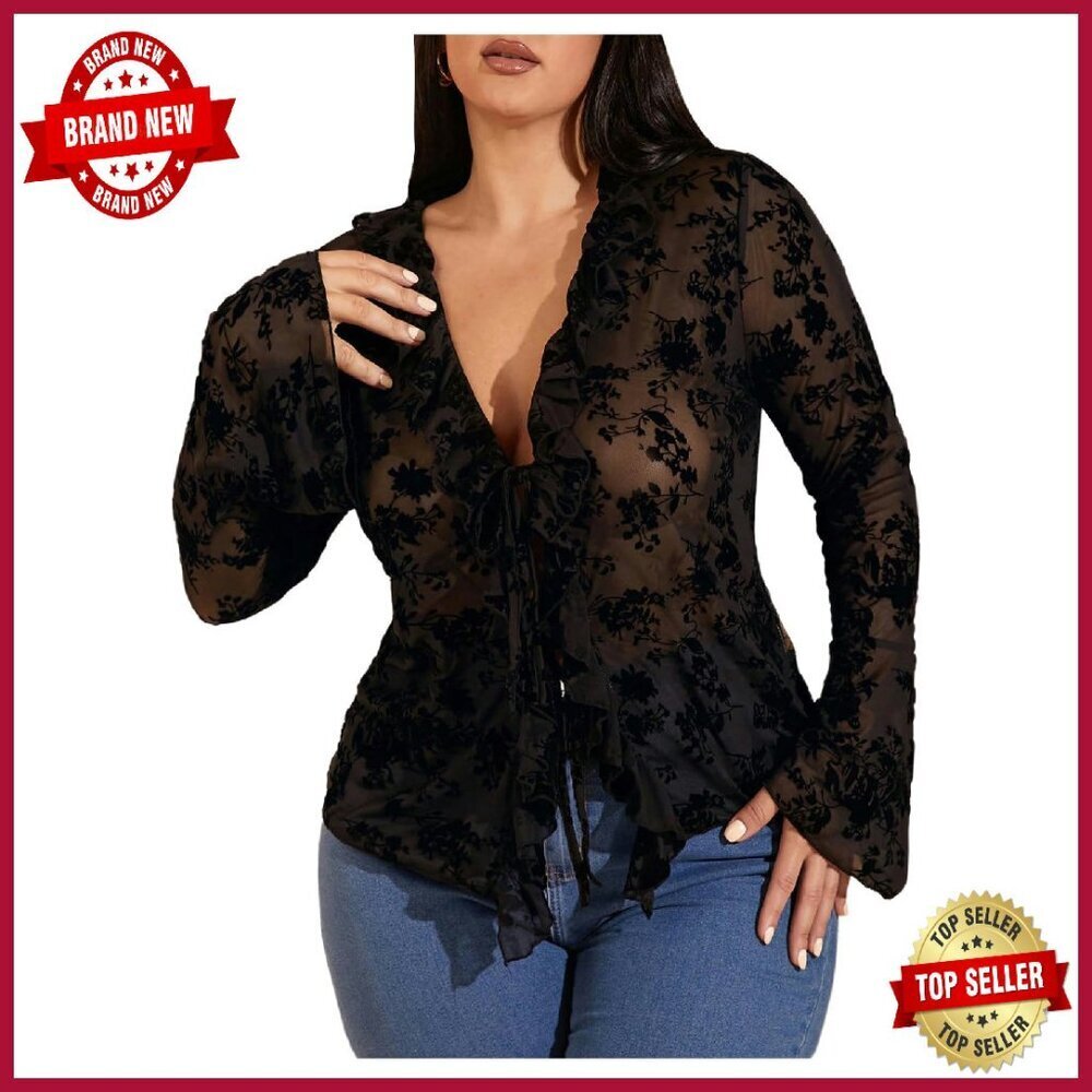 Plus Size Floral Lace Sheer Tee Tie Front Bell Sleeve T-Shirt